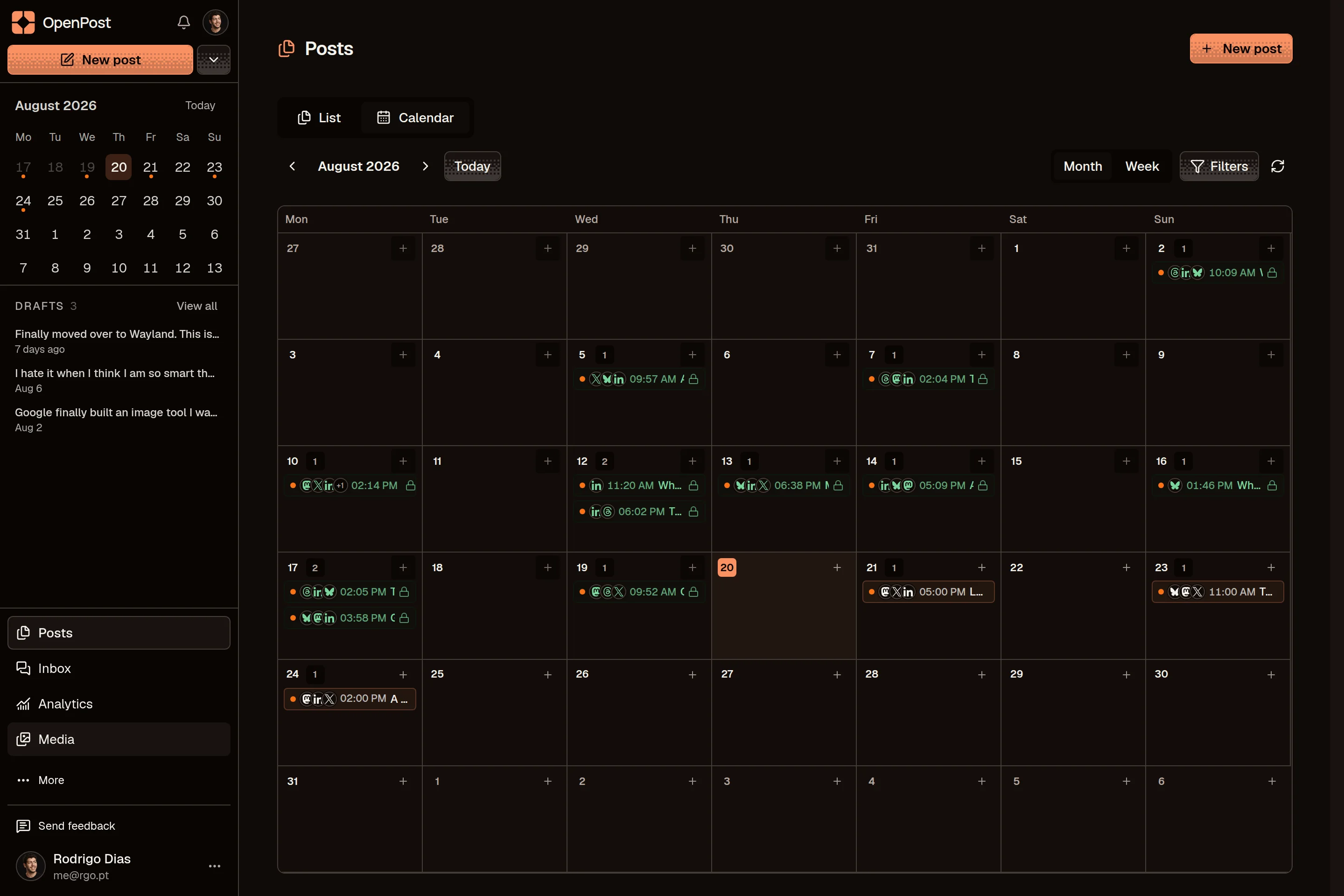 OpenPost calendar for preparing Threads content