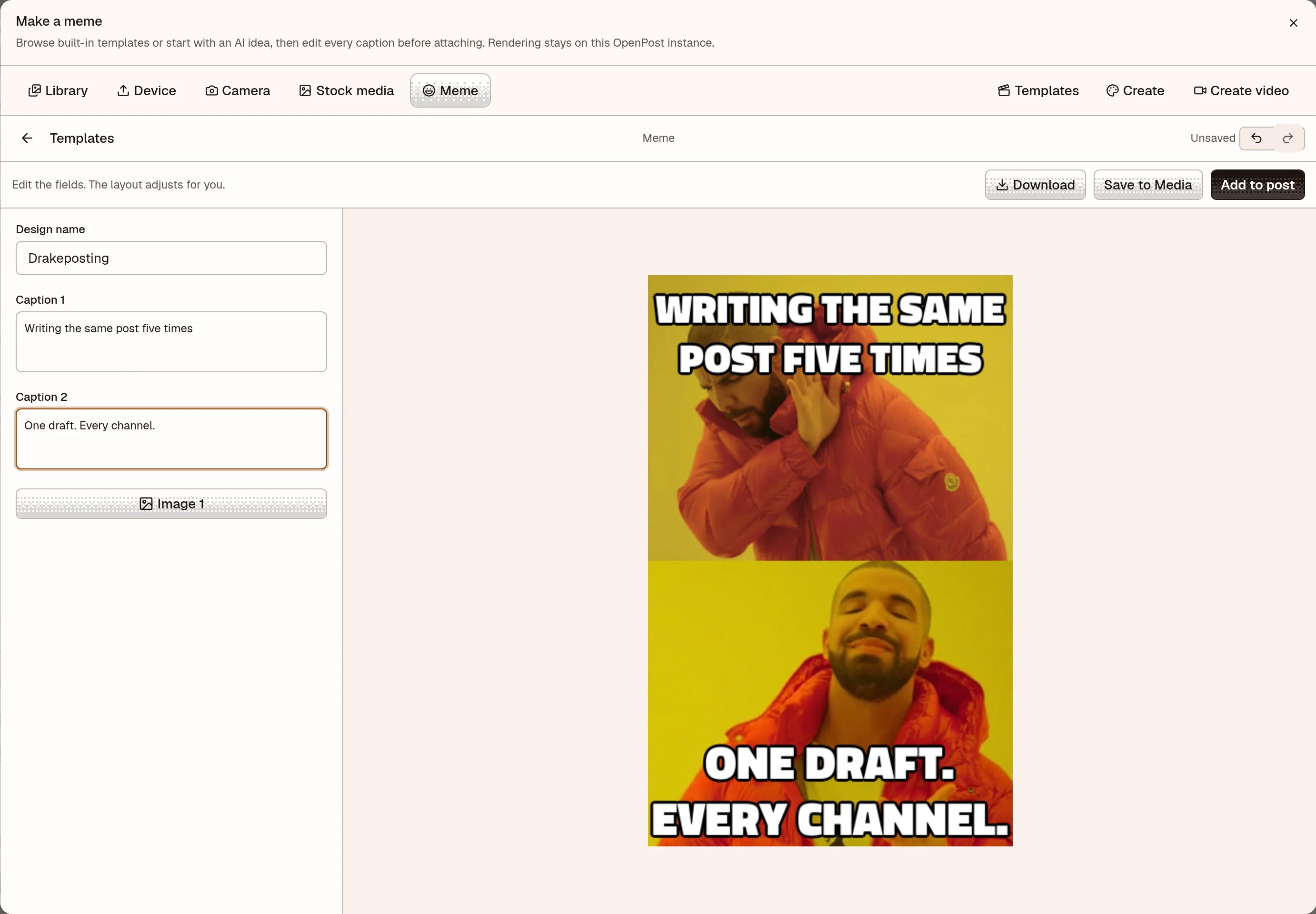 OpenPost meme creator with editable captions and a rendered Drakeposting preview